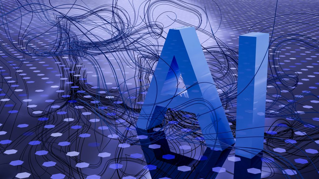 Image of AI with a string or wire all squiggly on polka-dotted table, all in shades of blue.